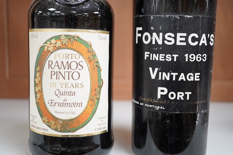 A bottle of Fonseca's vintage port 1963 and a bottle of Porto Ramos Pinto (10 years). Condition - storage unknown, appears good other than some wear